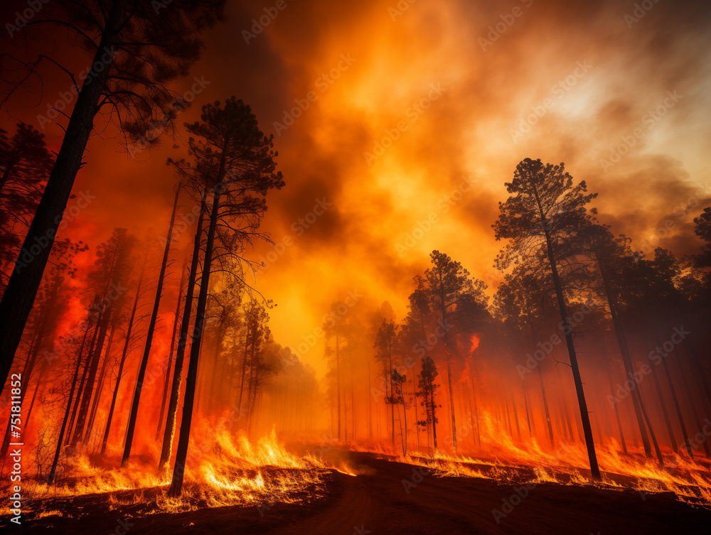Burning forest due to drought and global warming. Wildfire engulfs pine forest in smoke and flames.