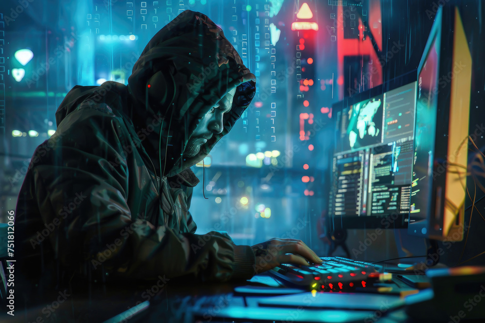 hacker working at his computer. data security concept. cyber attack