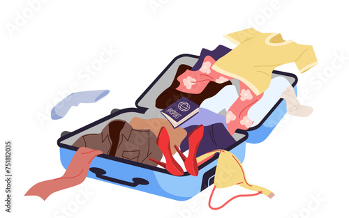 Open suitcase with scattered clothes and shoes pile during packing. Travel bag with chaos and clutter of stuff for trip, preparation to journey, organization problem cartoon vector illustration