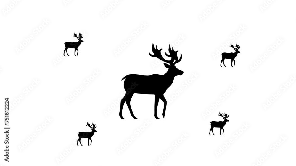 Zoom in and out animation the deer symbol. Large black symbol in the center and four small symbols around. Seamless looped 4k animation on white background Zoom in and out animation the deer symbol. Large black symbol in the center and four small symbols around. Seamless looped 4k animation on white background