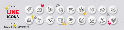Iron, Coronavirus and Hand sanitizer line icons. White buttons 3d icons. Pack of Wash hand, Fever, Dont touch icon. Usa close borders, Medical mask, Electronic thermometer pictogram. Vector