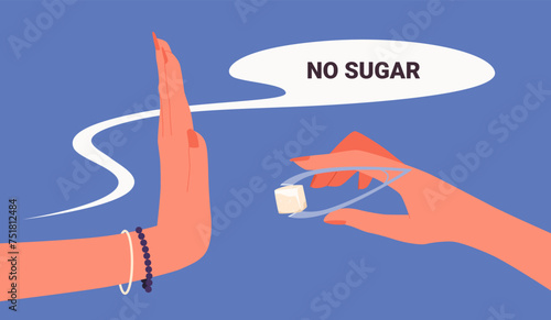 Female hand showing gesture of refusal to offer to add crystal sugar cartoon vector illustration. Sugar free diet for health, cooking food, flavoring, sugar additives
