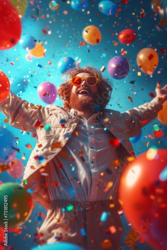 A happy cheerful man rejoices in bright multicolored balloons