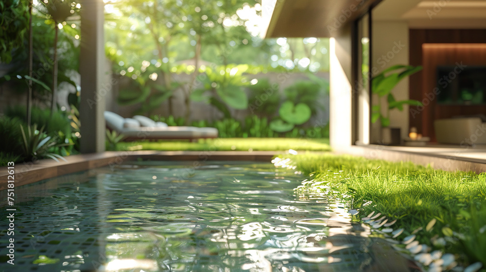 beautiful indoor small pool with nature background,  Step into serenity with this unique indoor pool, where modern design meets nature. - obrazy, fototapety, plakaty 
