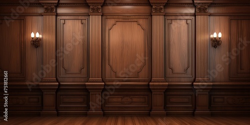 Luxury wood paneling background or texture. highly crafted classic / traditional wood paneling, with a frame pattern, often seen in courtrooms, premium hotels, and law offices. photo