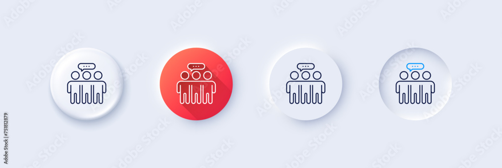 Employees group line icon. Neumorphic, Red gradient, 3d pin buttons. Collaboration sign. Development partners symbol. Line icons. Neumorphic buttons with outline signs. Vector Employees group line icon. Neumorphic, Red gradient, 3d pin buttons. Collaboration sign. Development partners symbol. Line icons. Neumorphic buttons with outline signs. Vector