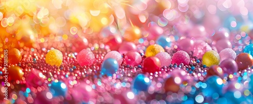 A vibrant sea of glistening multicolored candy pearls under a magical bokeh light effect.