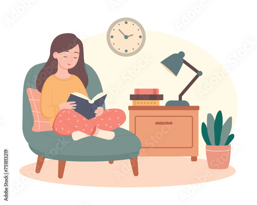 Woman sitting on armchair and reading book. Flat illustration