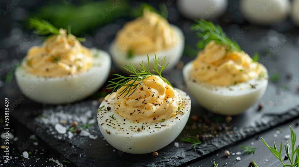 A deviled egg carefully topped with dill in a contrast of flavors and textures. Deviled egg in a fiery and refreshing combination. Delicious delicacy. A deviled egg carefully topped with dill in a contrast of flavors and textures. Deviled egg in a fiery and refreshing combination. Delicious delicacy.