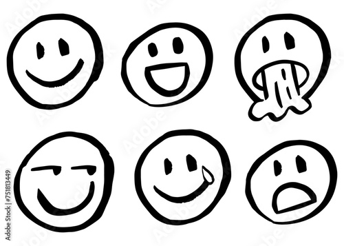 Emojis, different expressions. Vector faces. Afraid, confused, gleeful, happy, star-eyed, in love, crazy, tongue out. Blinking eyes. Hand drawing with marker pen. Brush, isolated on white background.