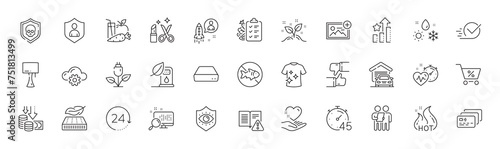 Add photo, Hold heart and Beauty line icons. Pack of Checkbox, Deflation, Table lamp icon. Cloud computing, Like, Juice pictogram. Cardio training, Lightweight mattress, Weather. Card. Vector