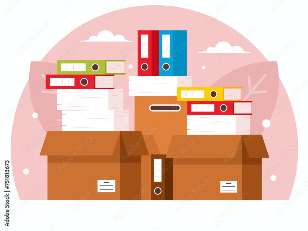 Pile of paper documents and file folders. Carton boxes. Bureaucracy, paperwork, office. Vector graphics