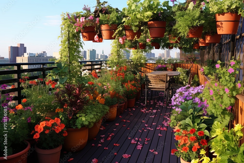 Vibrant Urban Rooftop Garden: Potted Plants & Colorful Flowers Design