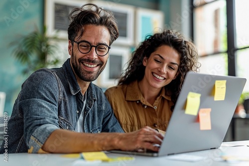 Glückliches Paar beim Online-Shopping und Reisebuchung am Notebook