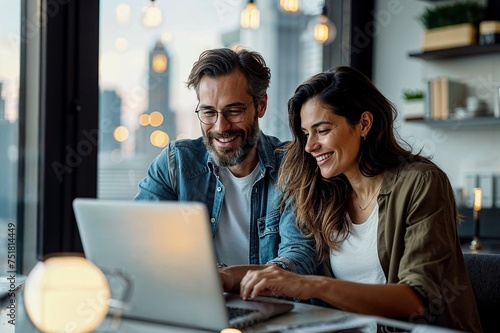 Glückliches Paar beim Online-Shopping und Reisebuchung am Notebook