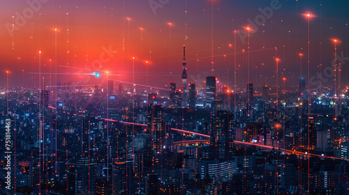 Smart city and abstract dot point wireless modern technology connect with gradient line, big data connection technology concept