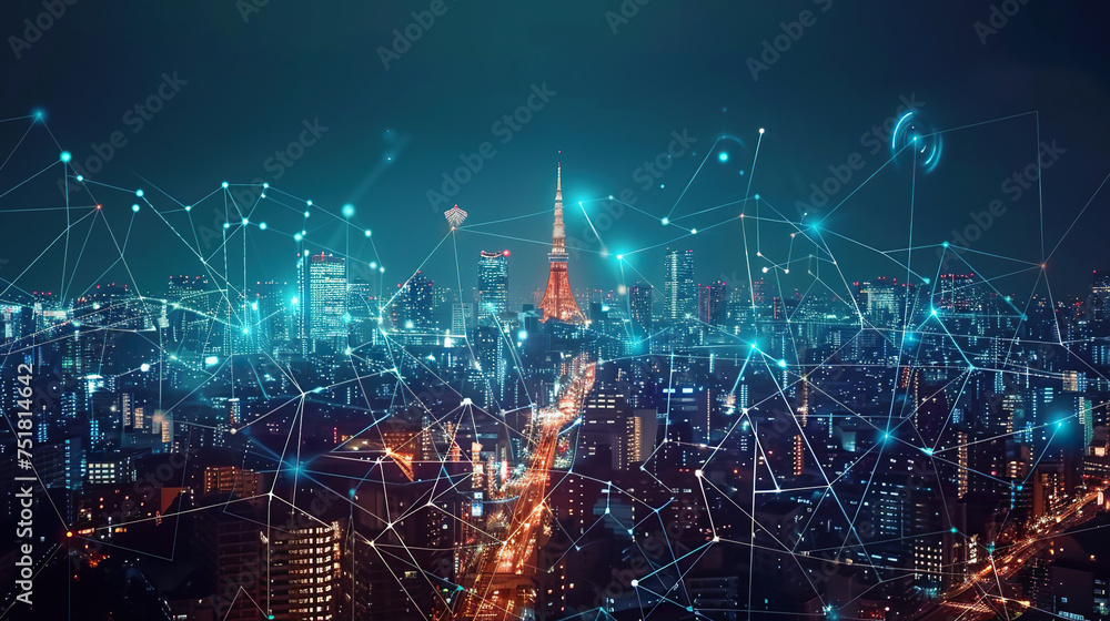 Smart city and abstract dot point wireless modern technology connect with gradient line, big data connection technology concept - obrazy, fototapety, plakaty 