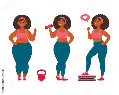 Overweight woman shows the results in losing weight after activities. Fitness concept. Flat vector illustration isolated on white background