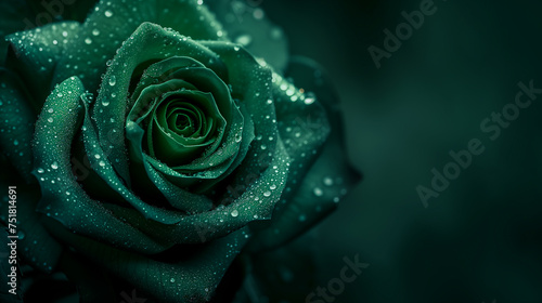 Dark green rose with drops of dew on its petals against a dark green background, copy space on the right