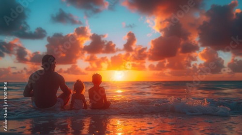 Man and Two Children Watching Sunset on Beach