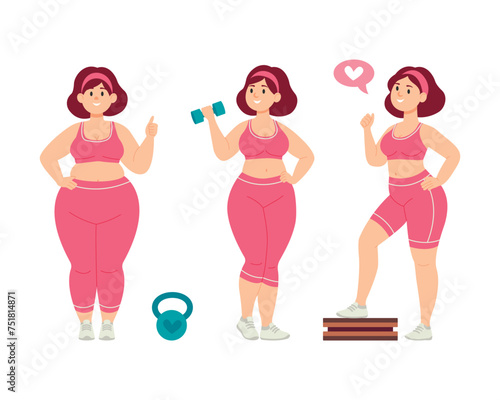Overweight woman shows the results in losing weight after activities. Fitness concept. Flat vector illustration isolated on white background