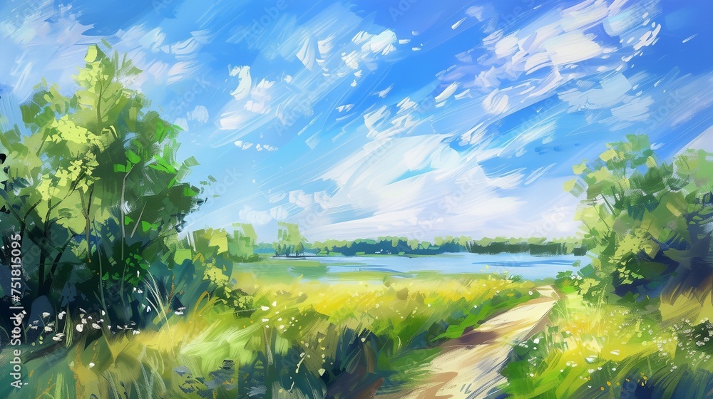 a painting of a path through a field with trees a painting of a path through a field with trees