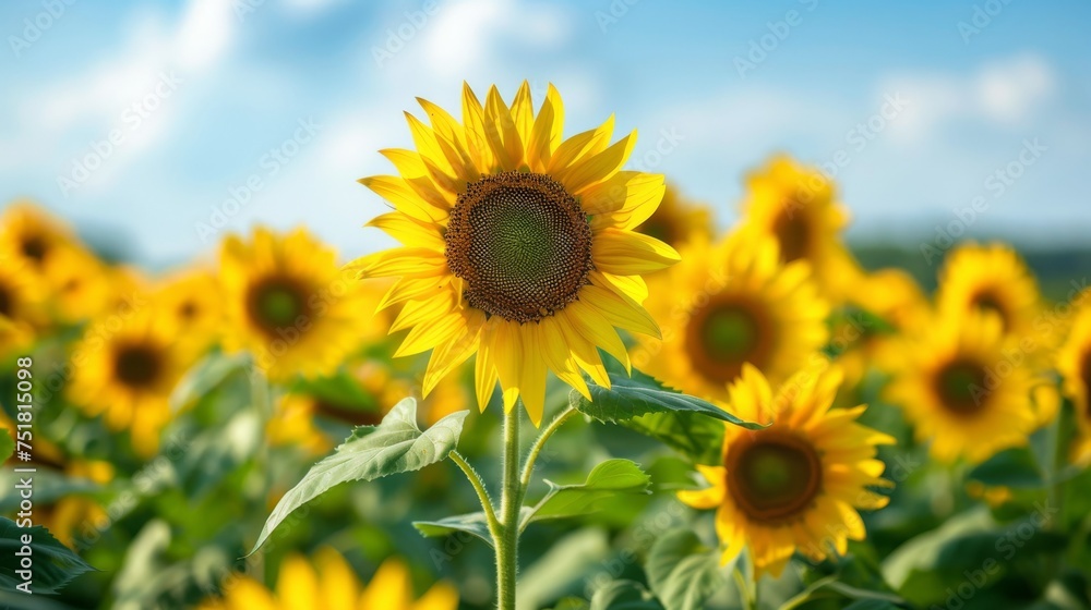 Blooming sunflower field under blue sky background