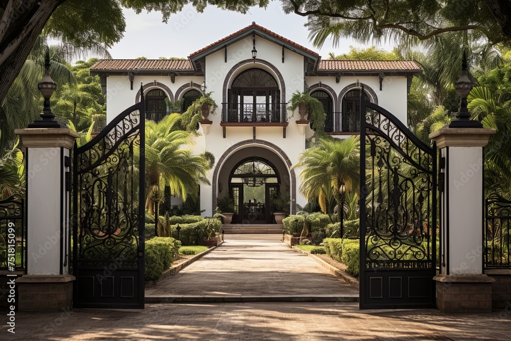 Grand Villa: Arched Doors, Ornate Ironwork Structures, and Welcoming Iron Gates