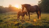 Horse and Foal Grazing in Field