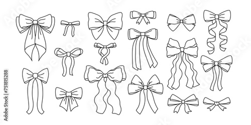 Set outline bows and ribbons for hair. Flat vector illustrations set. Trendy bow for presents wrapping. Gift birthday xmas sale decor. Cute vintage hairstyle elements collection