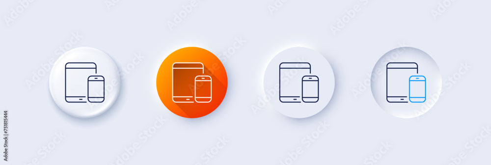 Mobile Devices icon. Neumorphic, Orange gradient, 3d pin buttons. Smartphone and Tablet PC signs. Touchscreen gadget symbols. Line icons. Neumorphic buttons with outline signs. Vector Mobile Devices icon. Neumorphic, Orange gradient, 3d pin buttons. Smartphone and Tablet PC signs. Touchscreen gadget symbols. Line icons. Neumorphic buttons with outline signs. Vector