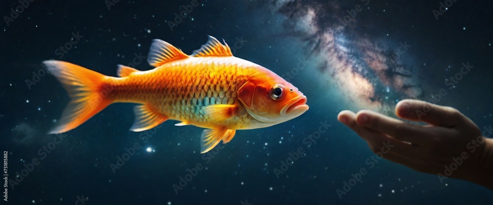 Expert hand of glod fish, Business or ecology concept, In the background is the Milky Way galaxy. Stylish in the style of double exposure Expert hand of glod fish, Business or ecology concept, In the background is the Milky Way galaxy. Stylish in the style of double exposure
