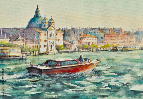 Motorboats are the main transport in Venice, Italy,Europe. Panorama of the main canal of Venice in summer, painted with watercolors.