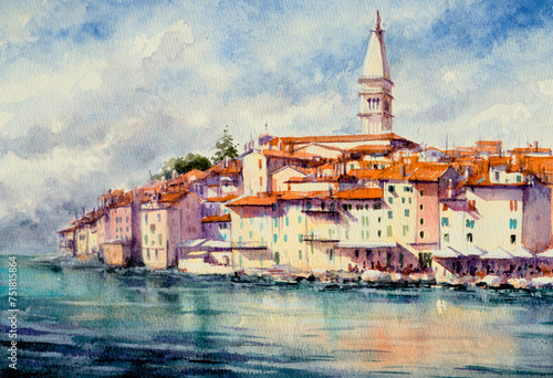 Sunny day in Rovinj in Croatia. Old town on seaside with tower over roofs, blue sky , white clouds and turquoise water. Picture created with watercolors.