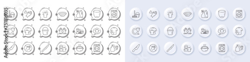 Dry t-shirt, Dish plate and Dish line icons. White pin 3d buttons, chat bubbles icons. Pack of Bucket with mop, Use gloves, Dont touch icon. Dryer machine, Table knife, Wash hands pictogram. Vector