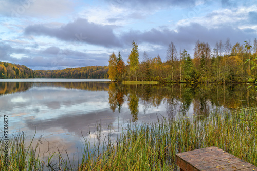 Forest landscape and lake in the northern regions of Russia in late autumn.