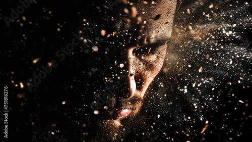 Man's face crumbles into particles, pieces, neurons in space isolated on solid black background. High quality illustration