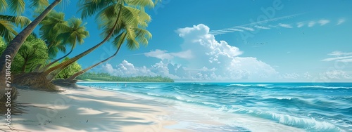 A beautiful beach scene with palm trees and a clear blue ocean