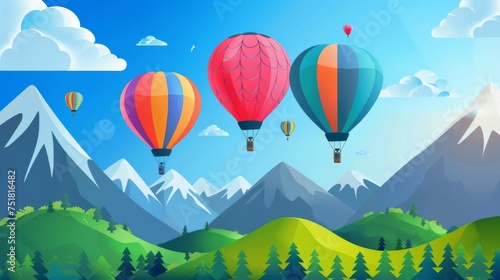 Colorful hot air balloons over mountains background