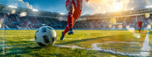 football or soccer player running fast and kicking a ball while training and playing a match at dramatic stadium shot. dynamic active pose of skill development success in sports wide banner