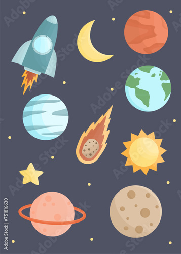 Set of space elements , space cartoon collection, galaxy elements, planets cartoon 
