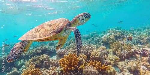 Sea turtles floating past the coral reef, adding beauty and life to this underwater wor