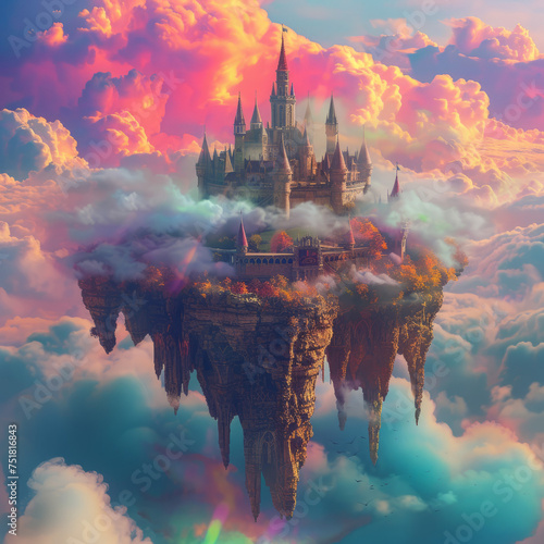 Celestial Castle in the Sky, An enchanted castle atop a floating island surrounded by colorful clouds 