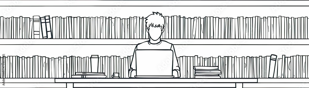 Line art of a person working on a laptop in a library with bookshelves in the background Line art of a person working on a laptop in a library with bookshelves in the background