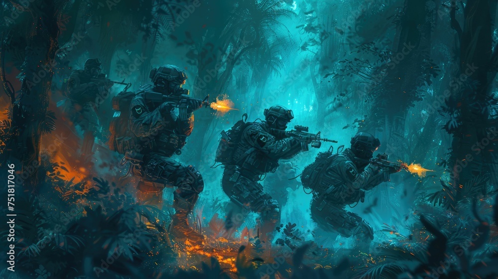 A squad of special forces operatives in a dense jungle environment, with sparks and smoke from gunfire - obrazy, fototapety, plakaty 