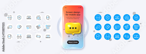 Phone mockup with 3d chat icon. Favorite app, Biometric security and Credit card line icons. Pack of Wireless charging, Cashback, Home charging icon. Vector