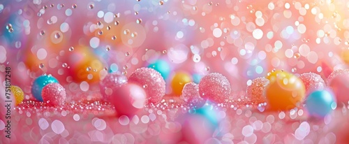 Dreamy candy landscape with sparkling sugar-covered treats amidst a soft focus bokeh light.