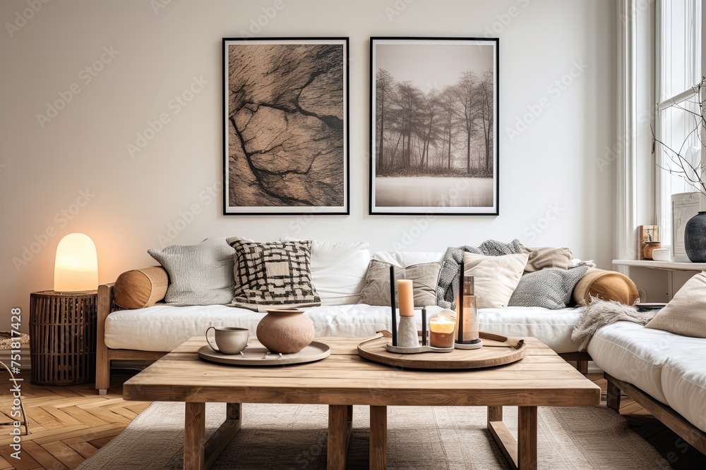 Obraz premium Voice-Activated Scandinavian Boho Home: Wall Art and Wooden Coffee Tables Light up the Space
