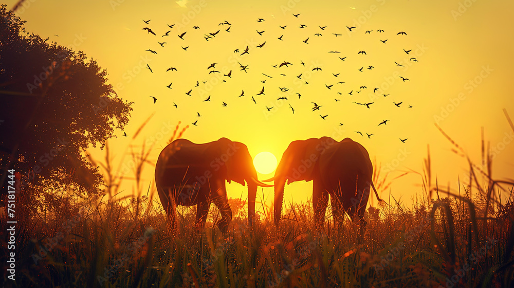 Surrealistic landscape with melting hours and flying elephant