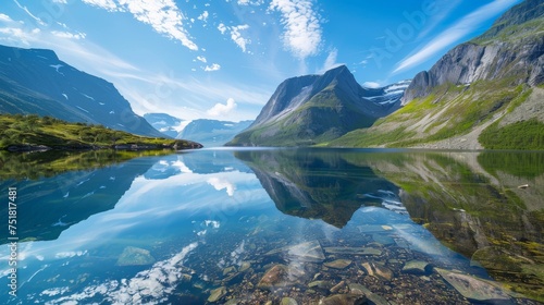 Crystal clear mountain lake with reflection background